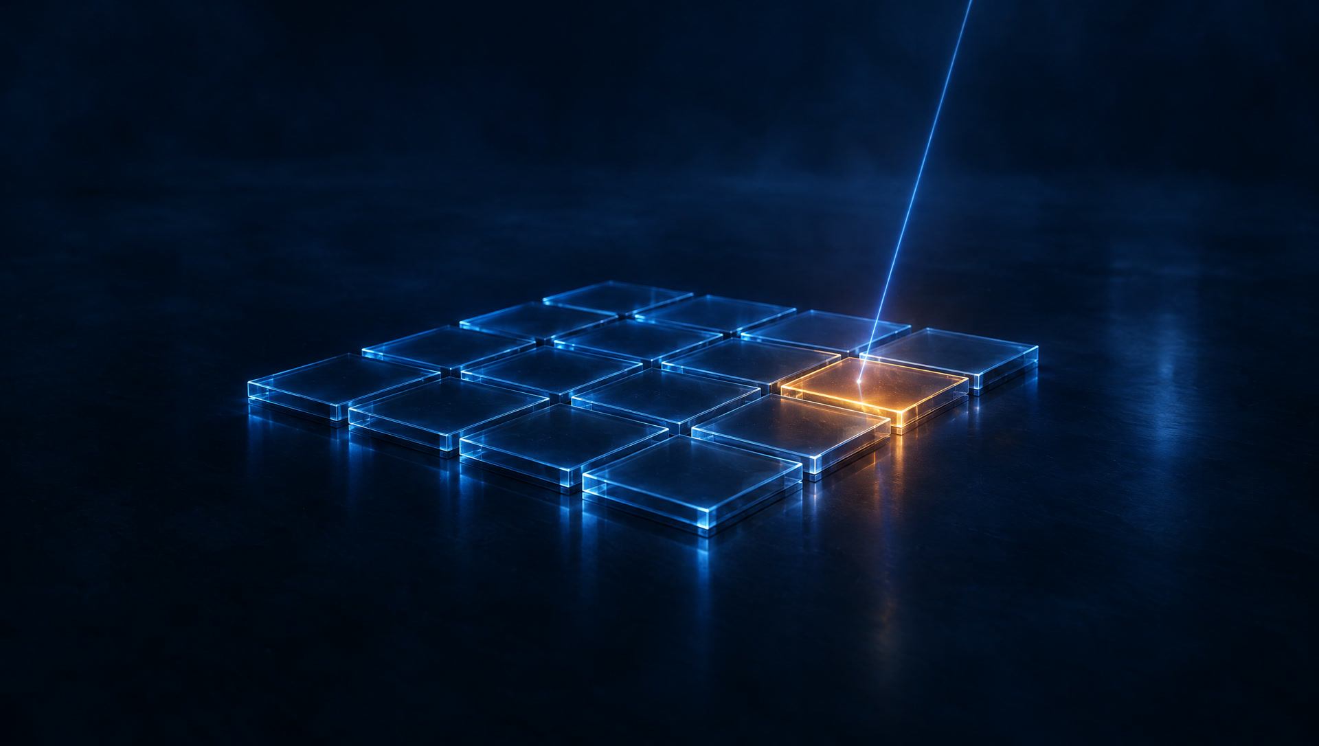 A grid of translucent glass tiles edge-lit in blue on dark glass, one tile lit warm orange where a thread of light touches it